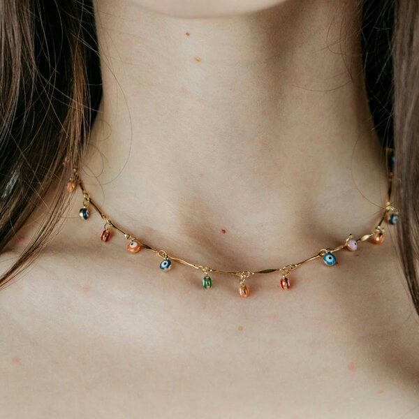 The Colourful Aura Evil Eye Dainty Rainbow Dangle Devil Eye Protection Charm Adjustable Necklace - Gold