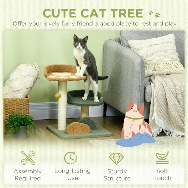 Small cat tree with two raised beds: beige top hammock, dark green perch, scratching posts, toy