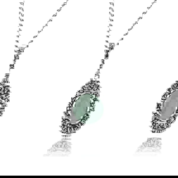 Art Deco Style Round Green Jade Cabochon & Marcasite Pendant in 925 Sterling Silver - Gemondo