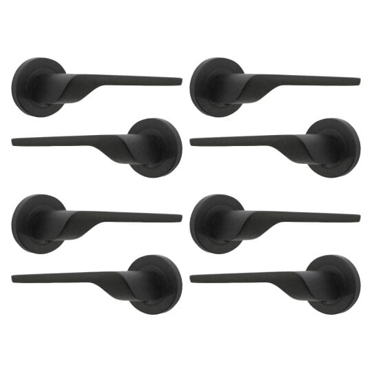EDH Door Hardware Modern Matt Black Lever on Rose Plate Door Handle Set – 4Pairs, 52mm Round Rose Plate & 127mm Lever Handle