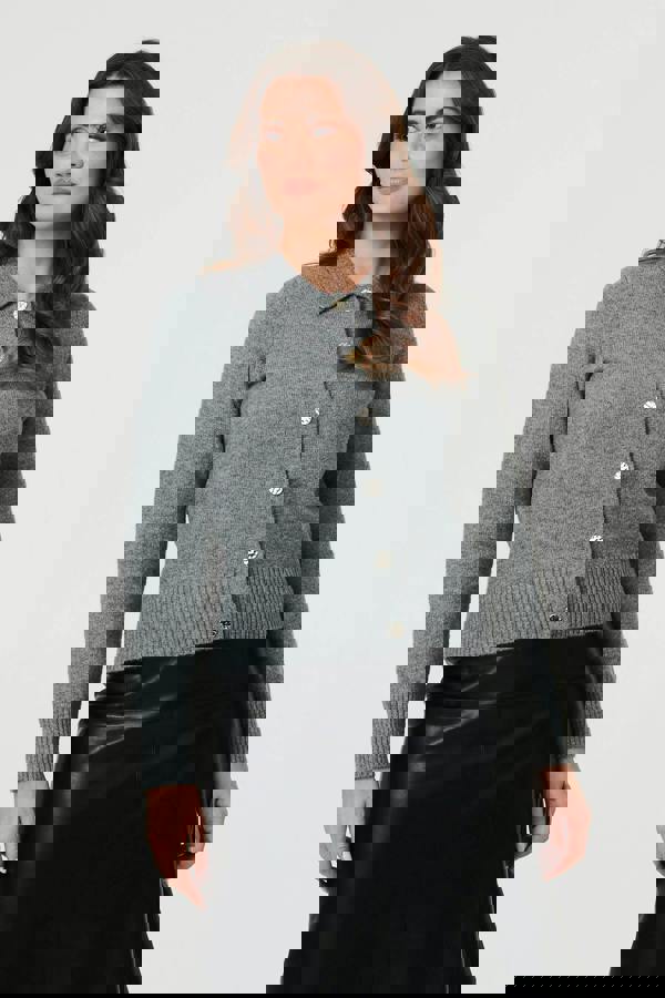 Grey | Textured Button Front Collared Cardigan