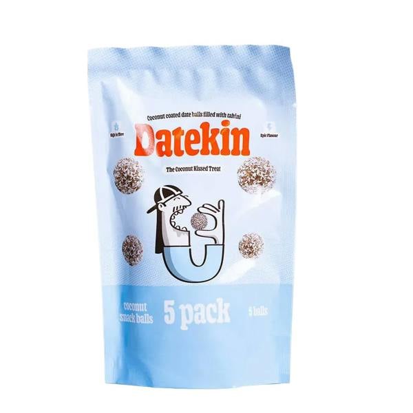Package of Datekin coconut snack balls with a light blue background