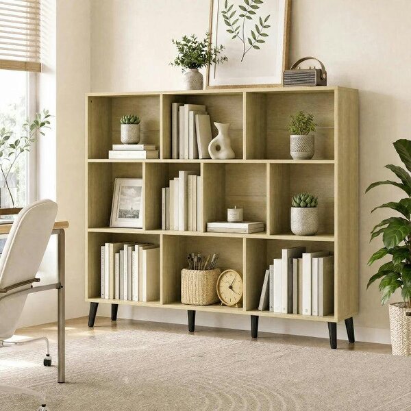 10-Cube Bookcase, 3-Tier Book Shelf with Solid Wood Legs, 140 cm Modern Bookshelf with Anti-Tip Kit, Oak - Oak