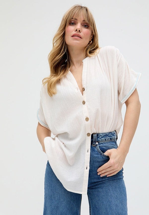 Raffya Juneeta Crop Sleeve Button Down Shirt - Cream