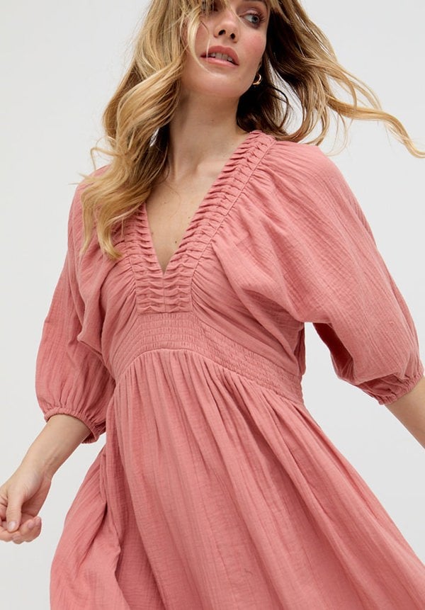 Raffya Soipoi Ruched V-Neck Midi Dress In Pink