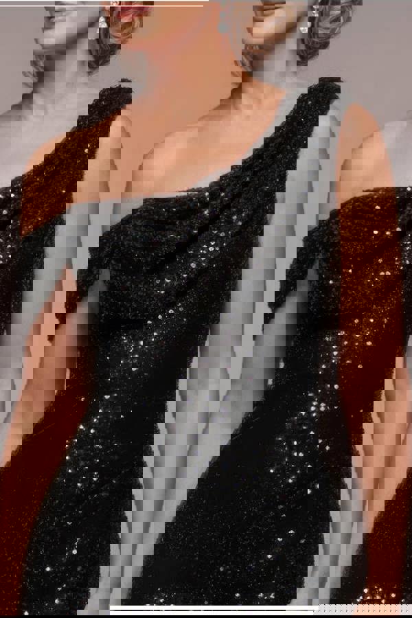 Sequin Cowl One Shoulder Midi Dress - Black DR4529M