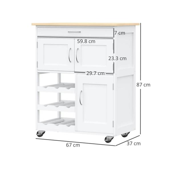White rolling kitchen trolley with drawer, door cabinets, and wine rack; size labeled