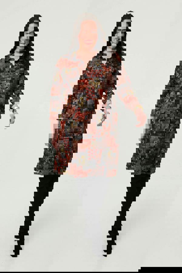 Brown | Curve Printed 3/4 Sleeve Collared Short Dress