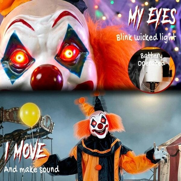 Bobobiy 190cm Life Size Animated Clown Halloween Decoration, Scary Halloween Animatronics Decor with Sound Touch Activated