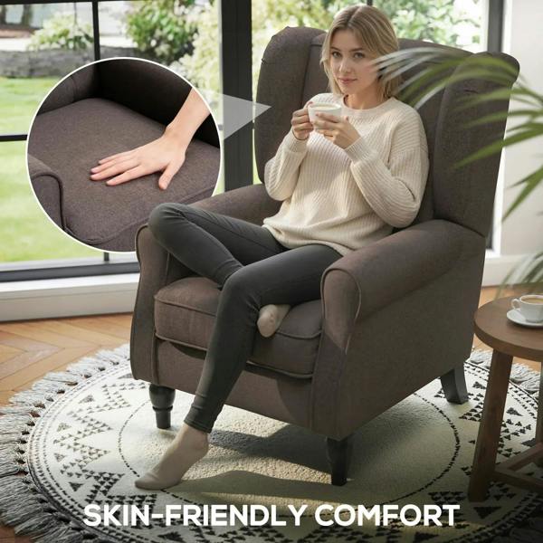 Brown wingback accent chair with padded arms and thick upholstered seat