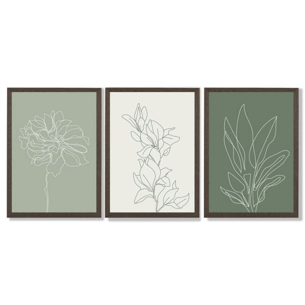 Set of 3 Sketch Flowers in Green Tones Framed Art Prints with Dark Wood Frames