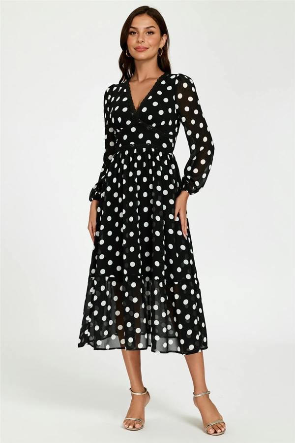 FS Collection Dot Print Lace Trim Long Sleeve Maxi Dress In Black