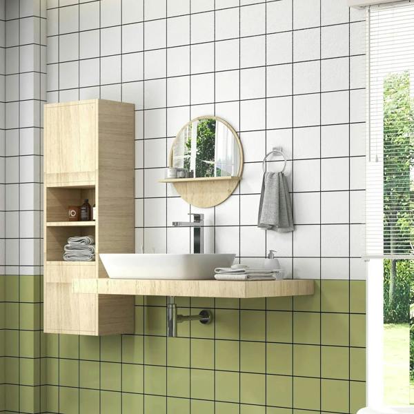 Round bathroom mirror with integrated shelf and natural wood-effect frame on tiles