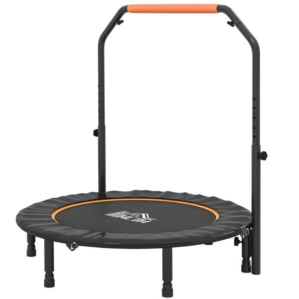 Foldable mini fitness trampoline with orange foam handle and black rebound mat
