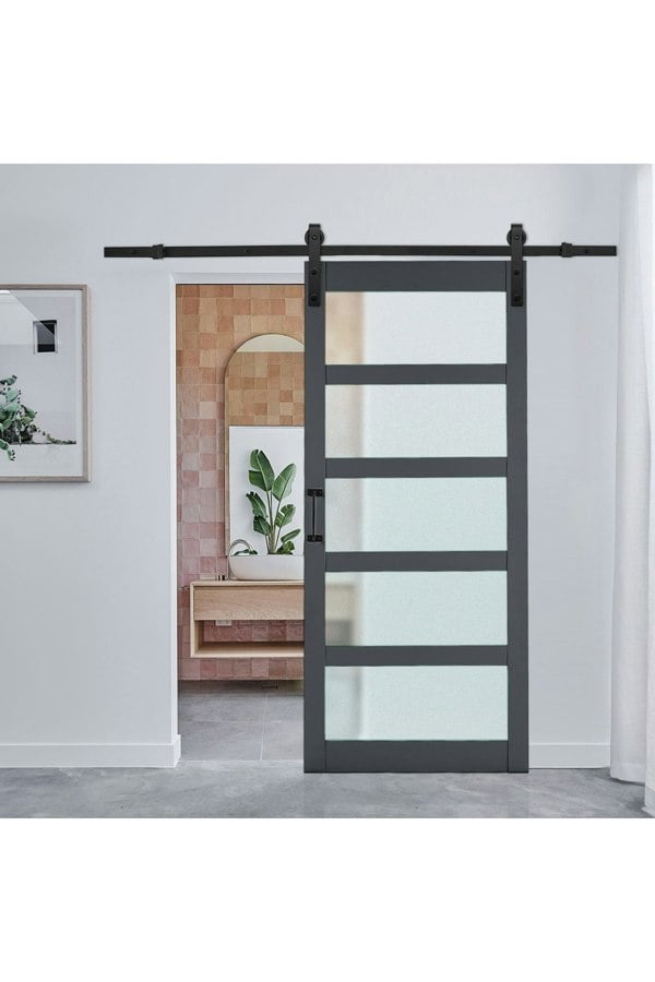 Living and Home 91cm W x 3.5cm D x 213cm H Farmhouse Style Wooden Barn Door with 183cm Slide Guide Dark Grey