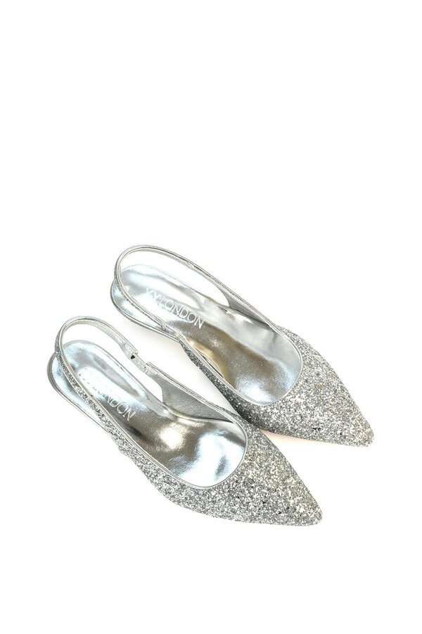 XY LONDON Pointed Toe Glitter Slingback Kitten Heel Court Shoes