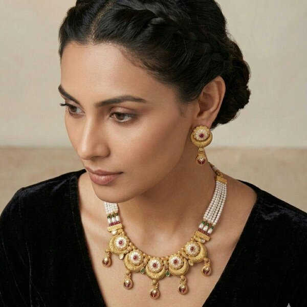 The Colourful Aura Gold Meenakari Disc Choker Necklace Set with Pearl Chain and Earrings