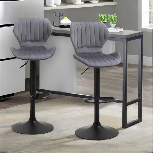 Rafaelo Mobilia Grey Retro Velvet Bar Stools Set Of 2 With Adjustable Height & Swivel