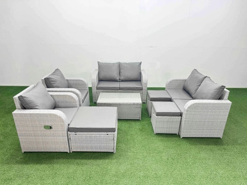 Fimous 9 Seater Outdoor Reclining Chair Love Sofa Set Rattan Garden Furniture Set with Rectangular Coffee Table 3 Stools Light Grey