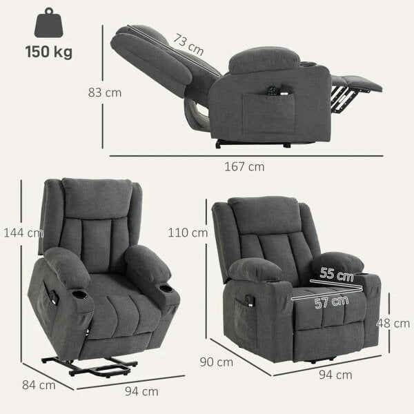 Dual Motor Recliner Chair, 55° Electric Lift Chair for Elderly, Recliner Armchair with Massage and Heat, Dark Grey