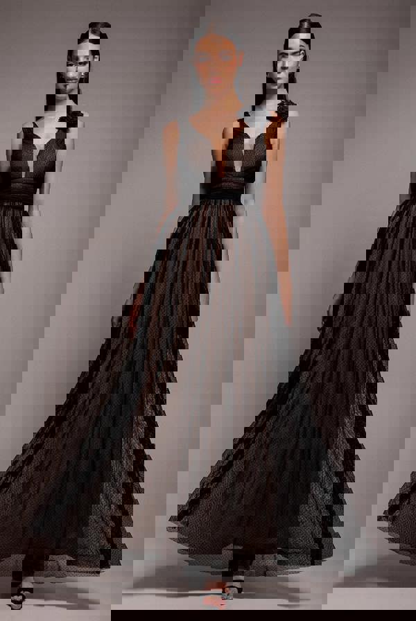 Sleeveless Pleated Dobby Mesh Corsage Maxi Dress - Black DR4294