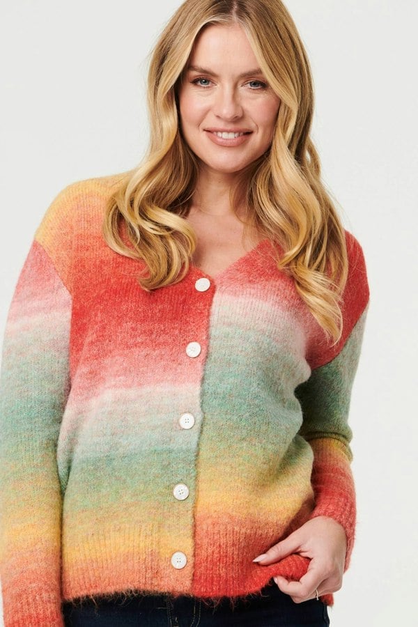 Red | Striped Long Sleeve Textured Cardigan
