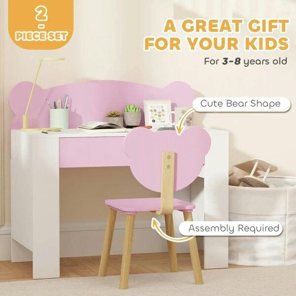 Kids Desk and Chair Set with Drawer for Drawing, Reading, Bear Theme Children Furniture for Bedroom, Daycare, Pink