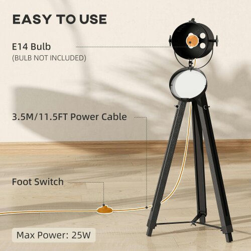 Wyld Haus Suta Wood And Metal Black Tripod Searchlight Floor Lamp Adjustable Head