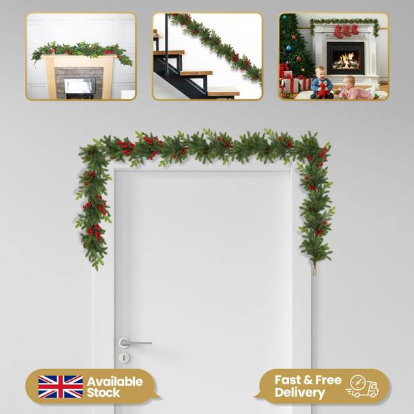 18cm Green Fir Garland with Berries and Pine Cones for Christmas Door and Home Decorating image 9