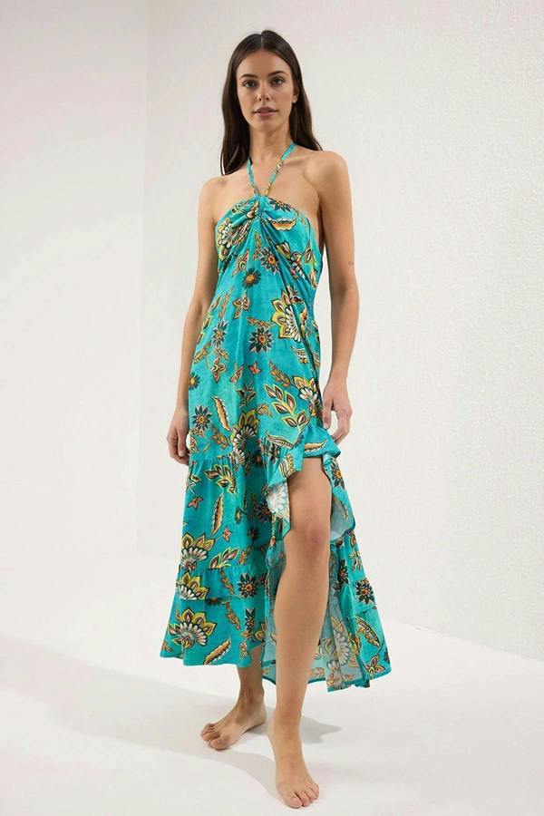 WOVCOR Patterned Woven Ruffled Maxi Beach Dress