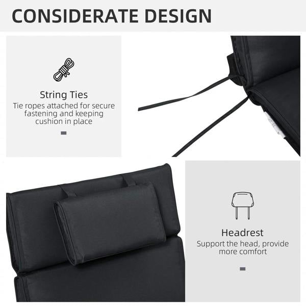 Black cushion with string ties and raised headrest pillow for sun lounger