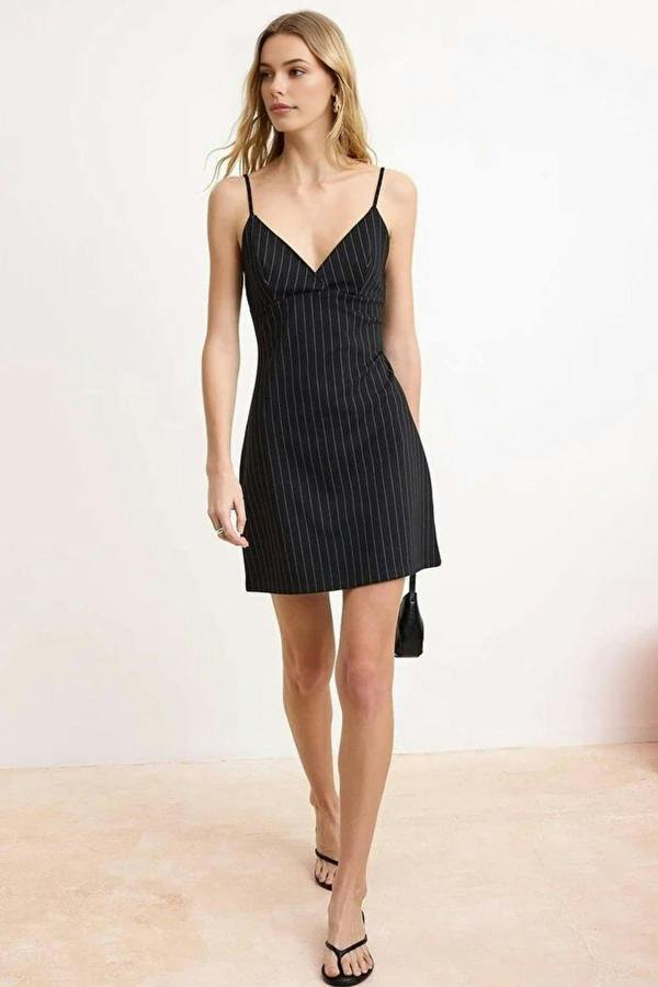 WOVCOR Striped A-Line V-Neck Thin Strap Sleeveless Knit Dress