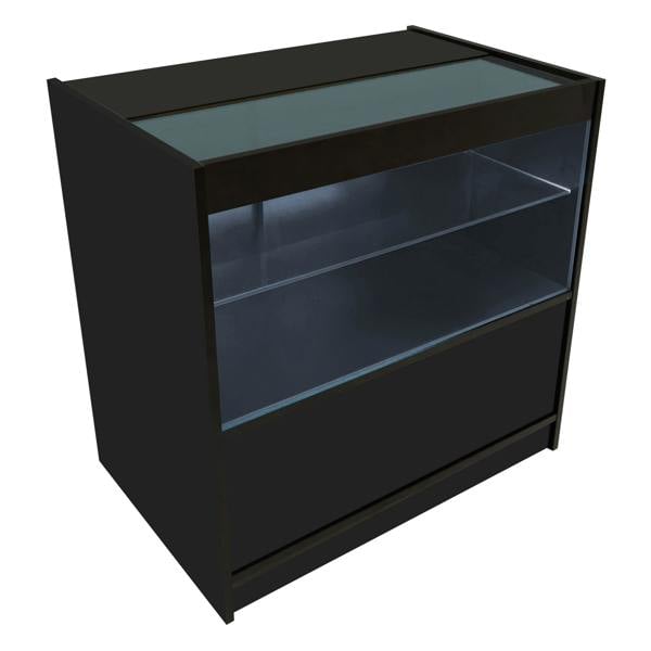 Black Gravity LED shop counter set featuring a sleek design, glass top, and illuminated shelves for displaying merchandise