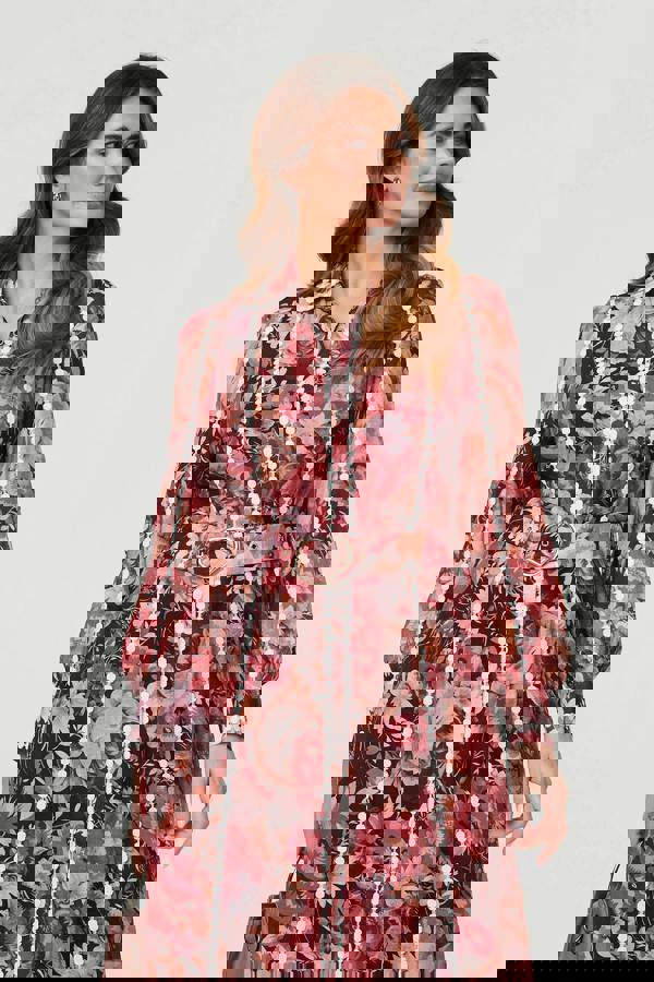 Burgundy | Floral Lace Detail Long Sleeve Maxi Dress