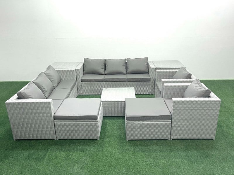 Fimous Outdoor Rattan Sofa Garden Furniture Set with 2 Armchairs Square Coffee Table 2 Big Footstools 2 Side Tables Light Grey Mixed