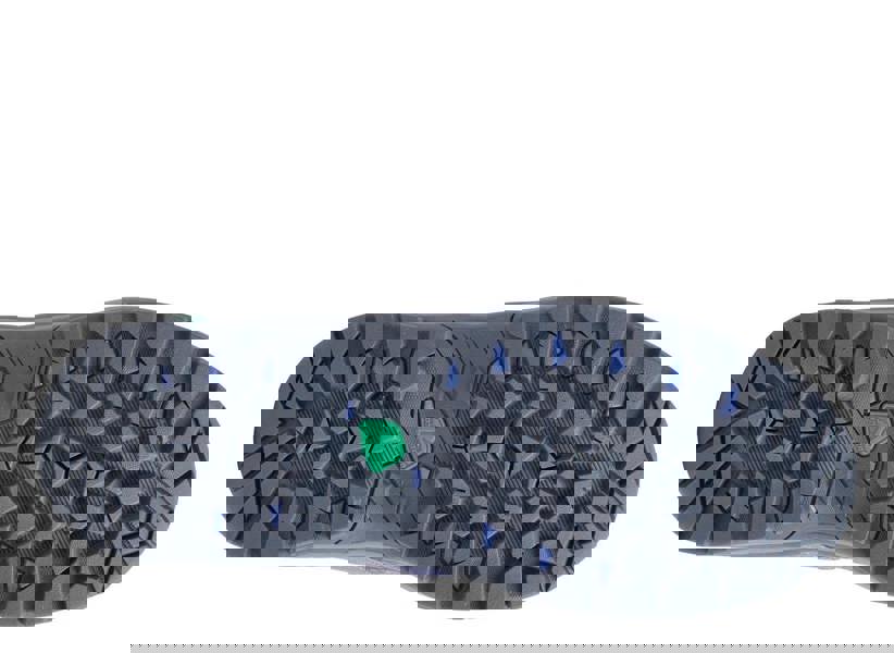 Karrimor Bodmin Low 6 Womens Waterproof Hiking Walking Trainers, close-up of the durable rubber sole with aggressive tread pattern and blue accents for outdoor traction.