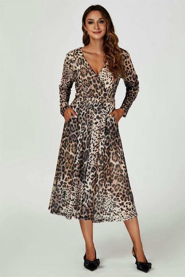 FS Collection Leopard Print Mesh Midi Dress In Brown