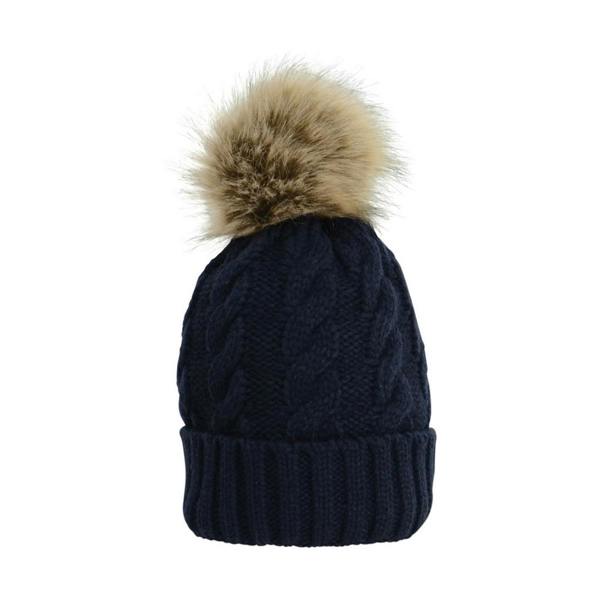 HyFASHION Adults Melrose Cable Knit Bobble Hat - Navy - 