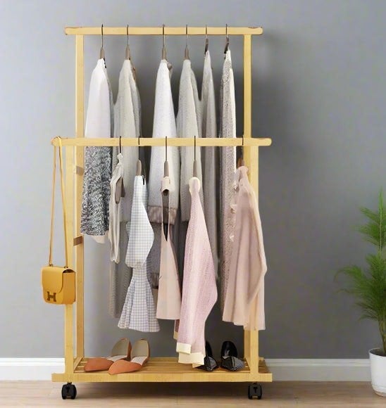 Modcraft Large Bamboo Clothes Rail with Wheels, Wooden Garment Rack with Shelves for Bedroom