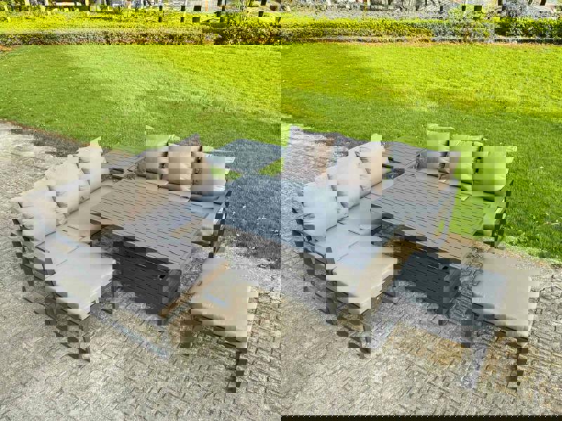 Fimous 8 Seater Aluminium Garden Furniture Set with Adjustable Rising Dining Table, 2 Sofas, Side Table, 2 Footstools - Dark Grey