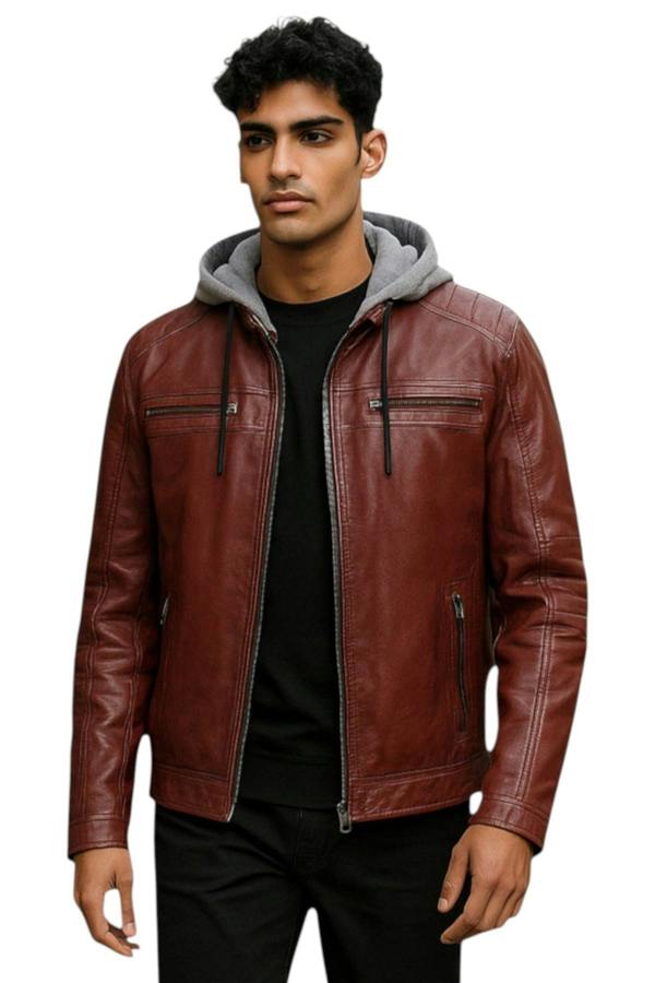 Infinity Leather Men's Hooded Biker Lamb Leather Jacket - Burten