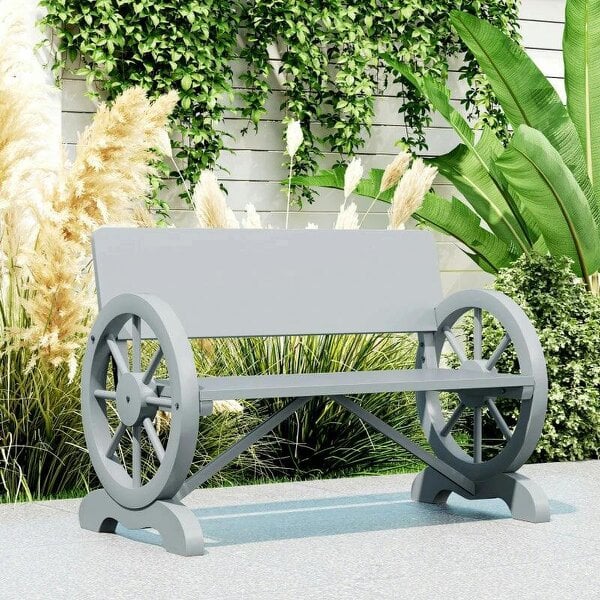 Fir Wood 2-Seater Outdoor Garden Wagon Wheel Bench, Grey