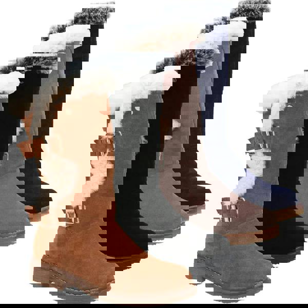 Hush Puppies Megan Womens Tall Hi Zip Up Mid Calf Boots, stylish winter boots with faux fur lining and buckle details in multiple colors.