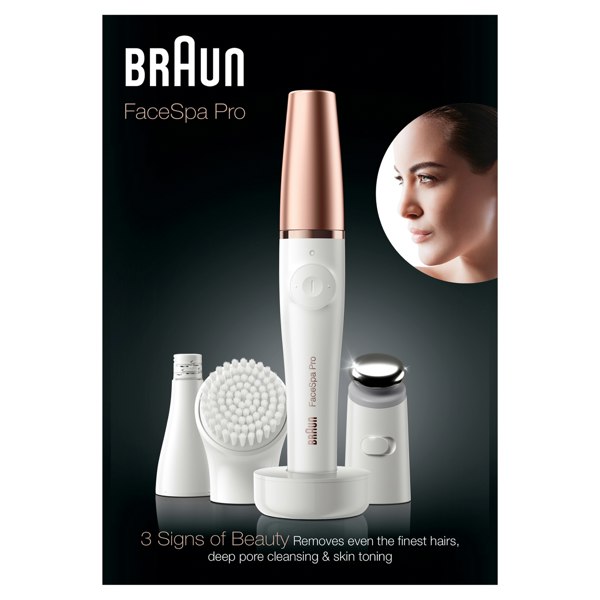 Braun FaceSpa Pro SE911 All-in-One Facial Epilator, Toner Head, Cleansing Brush, White/Bronze