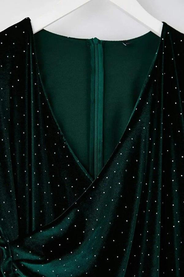 WOVCOR V-Neck Midi Embellished Velvet Knit Plus Size Dress