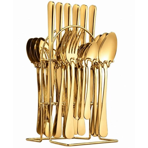 Dyzi 24 Piece Stainless Steel Cutlery Set with Storage Stand Gold