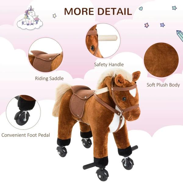 Brown plush ride-on horse toy with riding saddle, safety handle, and rolling wheels