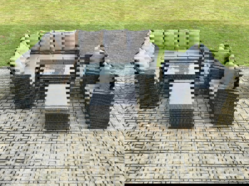 Fimous Outdoor Furniture Garden Dining Set Rattan Corner Sofa Set with 2 Armchairs Big Footstool Dark Grey Mixed