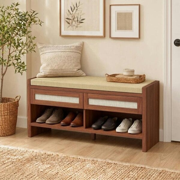 Boho Shoe Bench with 2 Rattan Drawers, Shoe Storage Bench with Cushioned Seat and Open Shelf Brown - Brown