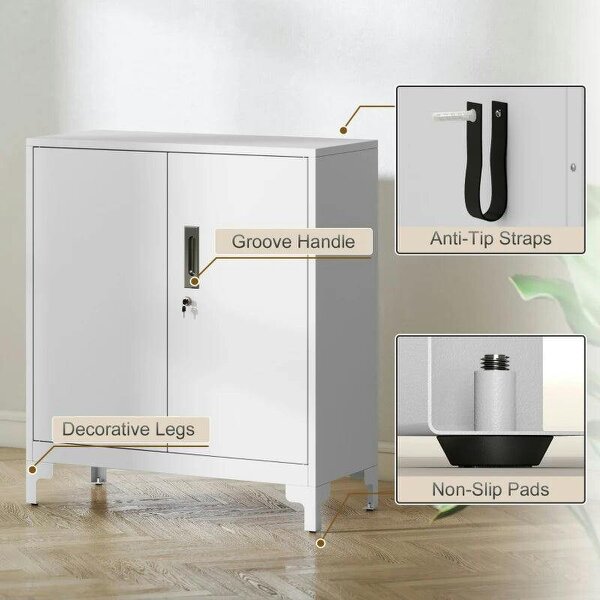 Lockable Metal Filing Cabinet, 2-Tier Storage Cupboard with Double Doors, Modern Office Organiser, White